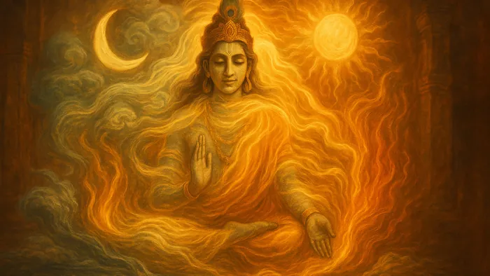 Gita Chapter 7 — Jnana Vijnana Yoga banner — devotional illustration of Krishna's form woven of earth, water, fire, air, sky, moon and sun — the elements swirling as luminous strands into his smiling cosmic figure.