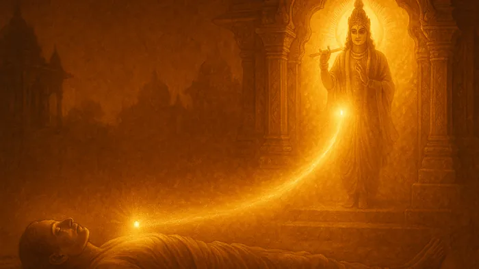 Gita Chapter 8 — Akshara Brahma Yoga banner — devotional illustration of a departing soul as a point of golden light leaving a peaceful body at dawn, traveling a luminous path of light toward Krishna's radiant supreme abode.