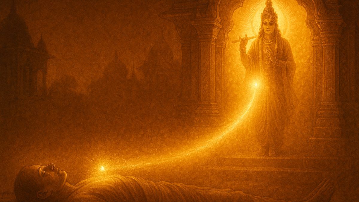 Gita Chapter 8 — Akshara Brahma Yoga banner — devotional illustration of a departing soul as a point of golden light leaving a peaceful body at dawn, traveling a luminous path of light toward Krishna's radiant supreme abode.