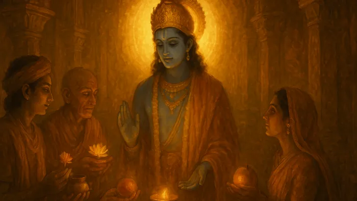 Gita Chapter 9 — Raja Vidya Raja Guhya Yoga banner — devotional illustration of Krishna revealing a royal secret to devotees of every walk of life gathered close, simple offerings of a leaf, a flower, a fruit and water glowing in their hands.