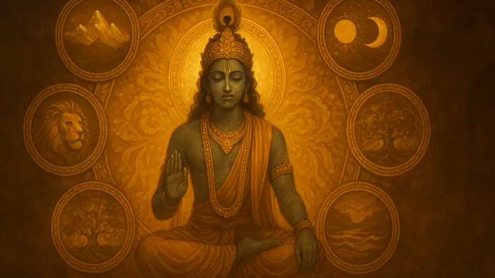 Gita Chapter 10 — Vibhuti Yoga banner — devotional illustration of a mandala of Krishna's glories — the Himalaya, the Ganga, the lion, the banyan, the sun and moon, Meru — radiating from his serene central figure.