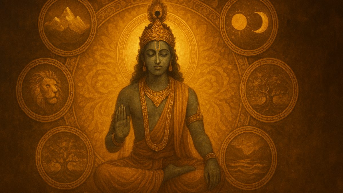 Gita Chapter 10 — Vibhuti Yoga banner — devotional illustration of a mandala of Krishna's glories — the Himalaya, the Ganga, the lion, the banyan, the sun and moon, Meru — radiating from his serene central figure.