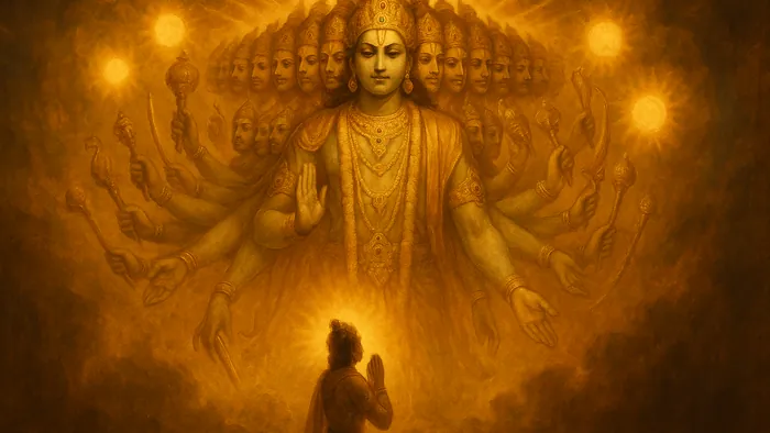 Gita Chapter 11 — Vishvarupa Darshana Yoga banner — devotional illustration of the awe-inspiring Vishvarupa cosmic form of Krishna filling the sky with countless faces, arms and blazing suns, tiny Arjuna below with palms joined, trembling in wonder.