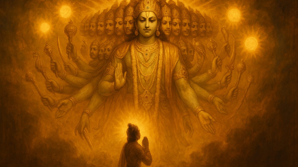 Gita Chapter 11 — Vishvarupa Darshana Yoga banner — devotional illustration of the awe-inspiring Vishvarupa cosmic form of Krishna filling the sky with countless faces, arms and blazing suns, tiny Arjuna below with palms joined, trembling in wonder.