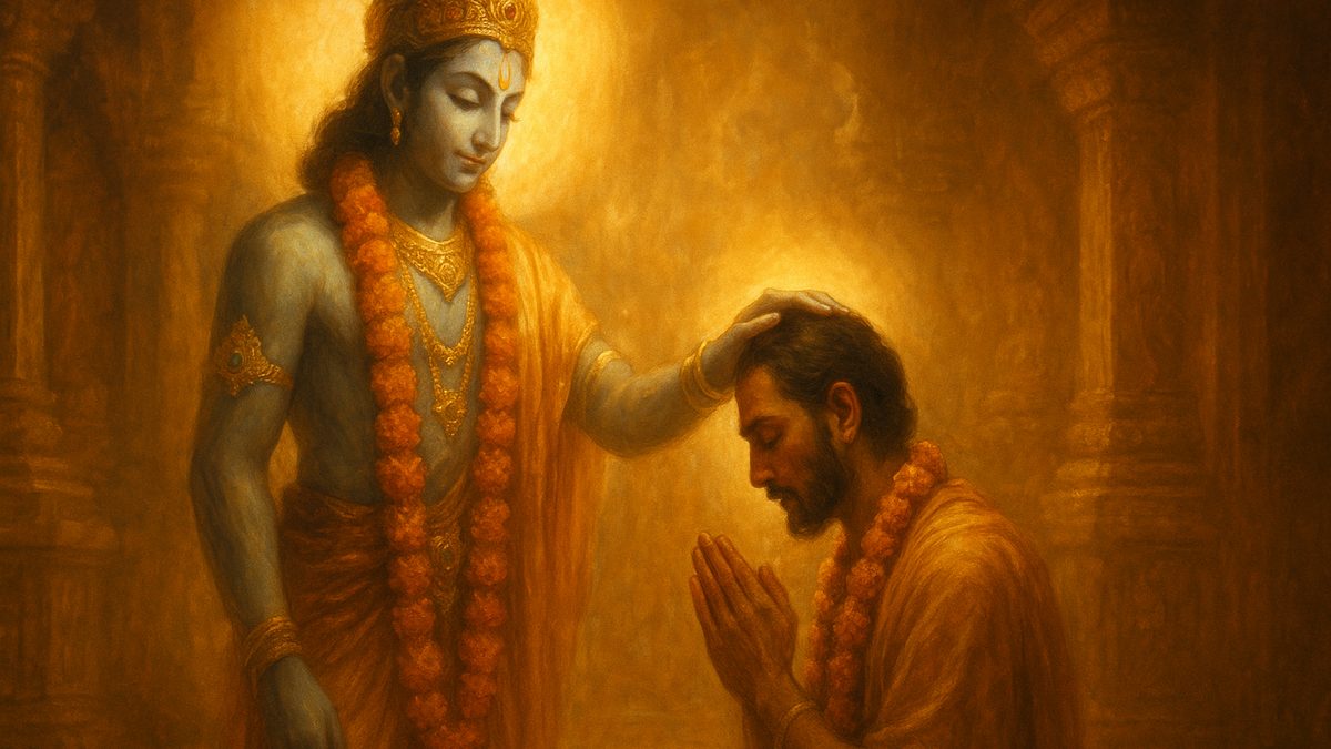 Gita Chapter 12 — Bhakti Yoga banner — devotional illustration of Krishna tenderly placing his hand of blessing on a humble kneeling devotee's head, warm bhakti radiance, garlands and folded hands, intimate golden devotional light.