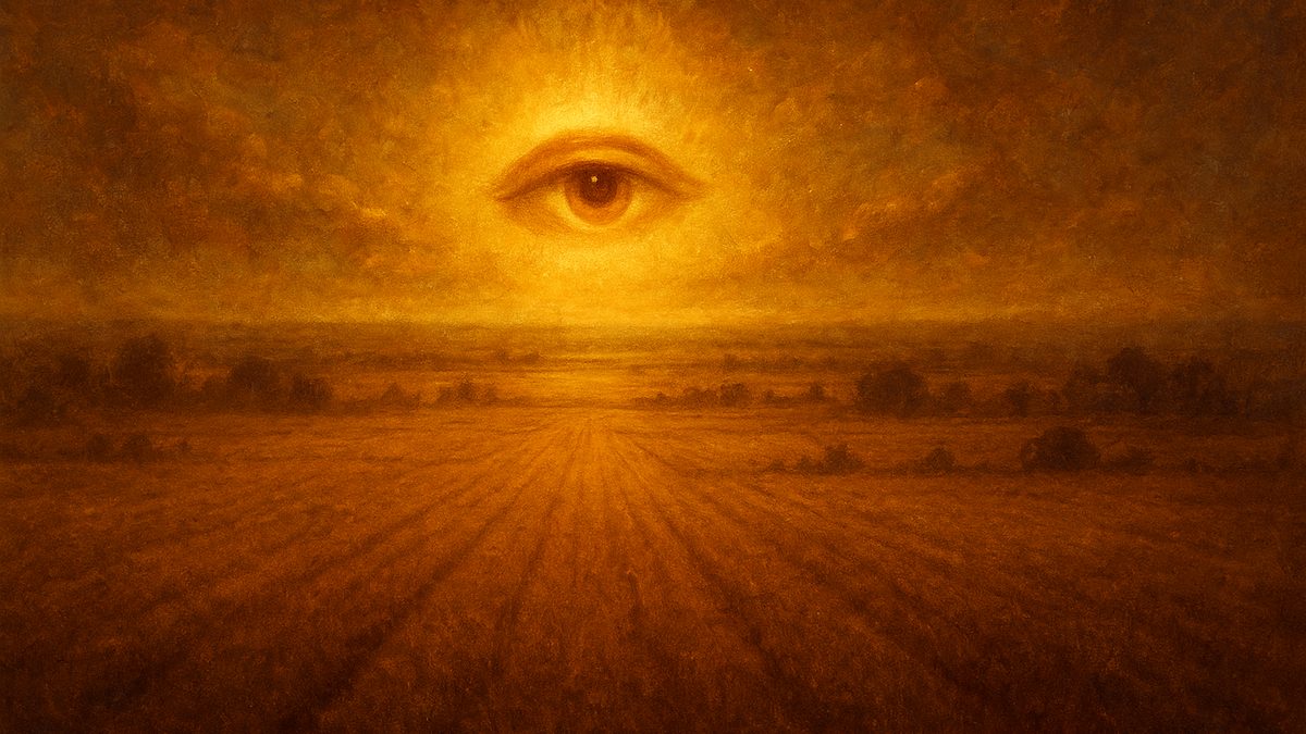 Gita Chapter 13 — Kshetra Kshetrajna Vibhaga Yoga banner — devotional illustration of a vast field at dawn seen from above with a single luminous witness-eye of consciousness watching over it, the knower and the field distinct yet embraced by light.