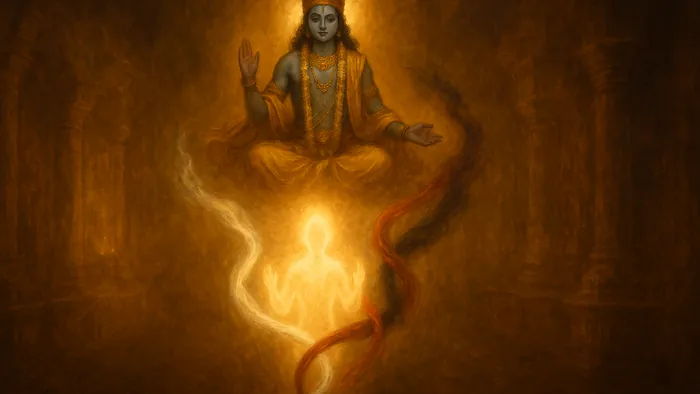 Gita Chapter 14 — Gunatraya Vibhaga Yoga banner — devotional illustration of three intertwined streams of white, red and dark smoke-like light binding a radiant soul-figure, Krishna above and beyond the three gunas in pure luminosity.