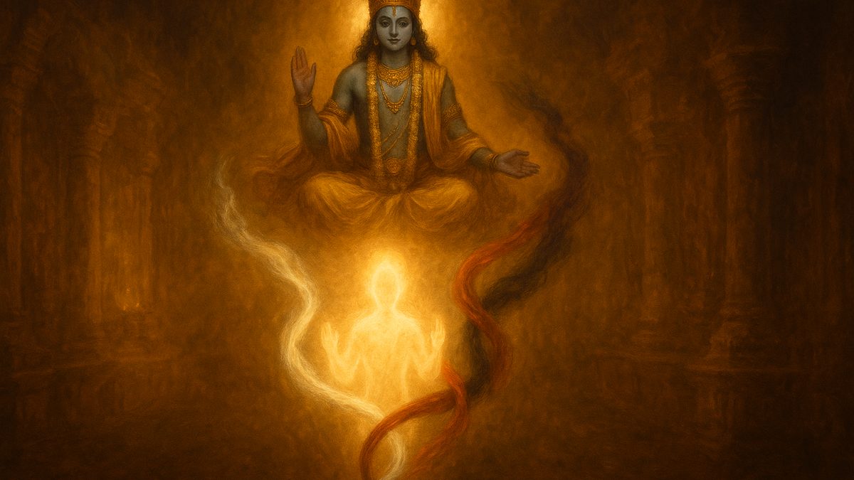 Gita Chapter 14 — Gunatraya Vibhaga Yoga banner — devotional illustration of three intertwined streams of white, red and dark smoke-like light binding a radiant soul-figure, Krishna above and beyond the three gunas in pure luminosity.