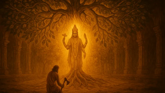 Gita Chapter 15 — Purushottama Yoga banner — devotional illustration of the mystic inverted ashvattha fig tree with roots reaching into the heavens and branches spreading to earth, a seeker with the axe of detachment at its base, Purushottama shining beyond.