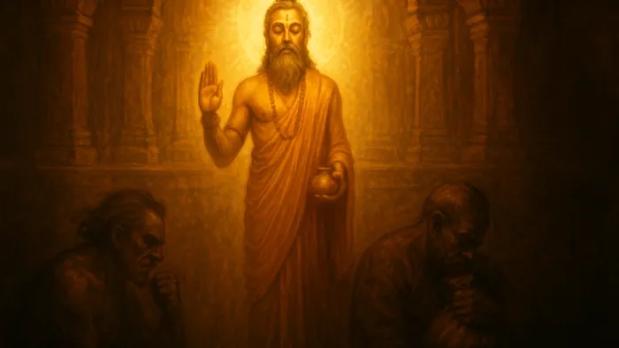 Gita Chapter 16 — Daivasura Sampad Vibhaga Yoga banner — devotional illustration of a radiant sage embodying fearlessness, charity and truth standing in light, opposed by shadowy figures of arrogance and greed sinking into darkness below.
