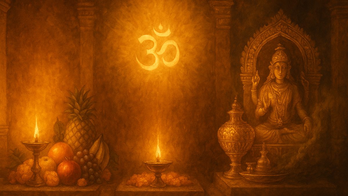 Gita Chapter 17 — Shraddhatraya Vibhaga Yoga banner — devotional illustration of three altars of worship — sattvic fruits and flowers, rajasic opulent gold, tamasic smoky gloom — with Om Tat Sat inscribed as pure radiance above the sattvic flame.