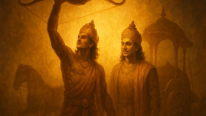 Gita Chapter 18 — Moksha Sannyasa Yoga banner — devotional illustration of Arjuna risen, bow Gandiva lifted high with resolve, doubts dispelled, Krishna smiling beside the chariot at sunrise — surrender complete, victory and dharma assured.