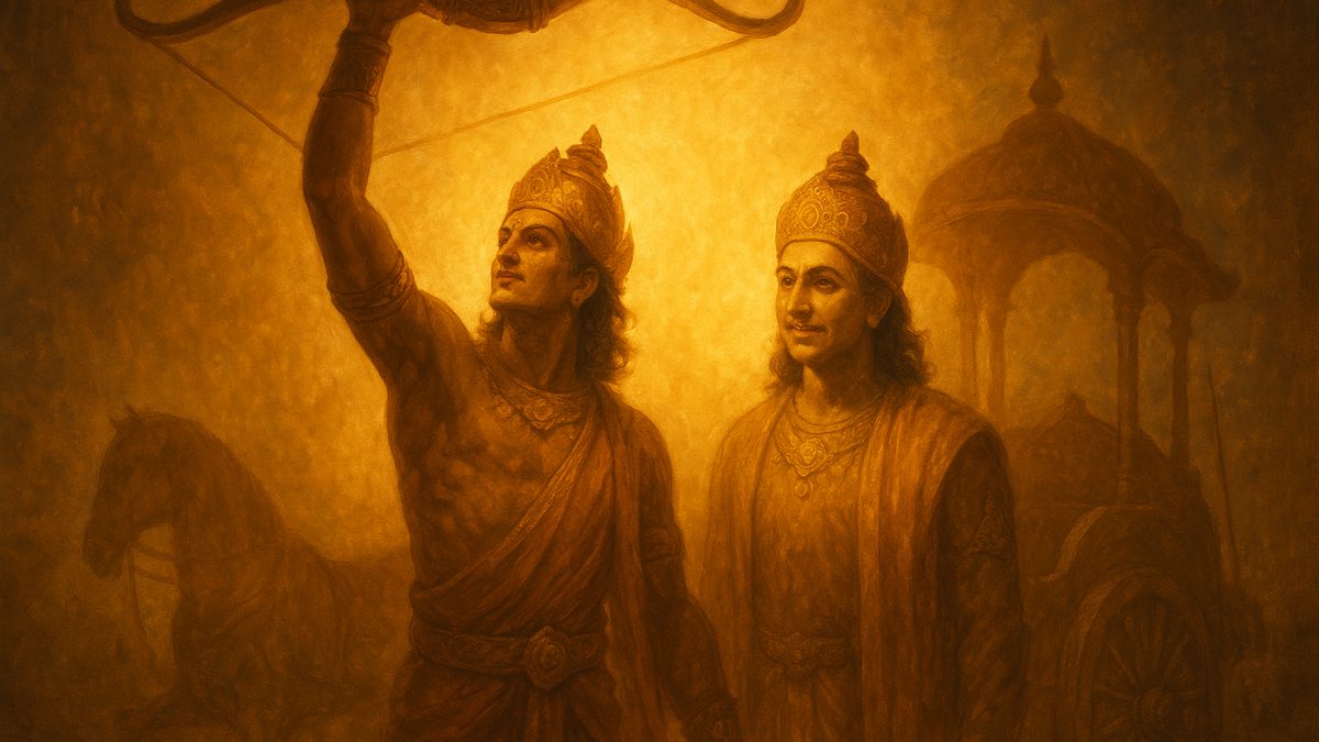 Gita Chapter 18 — Moksha Sannyasa Yoga banner — devotional illustration of Arjuna risen, bow Gandiva lifted high with resolve, doubts dispelled, Krishna smiling beside the chariot at sunrise — surrender complete, victory and dharma assured.