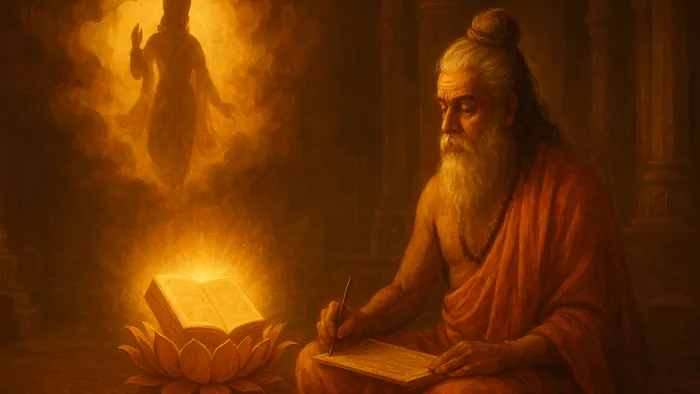 Gita Dhyanam banner — devotional illustration of Sage Vyasa composing beside a radiant lotus bearing the Bhagavad Gita as a glowing sacred book, Krishna's silhouette blessing from golden clouds above.