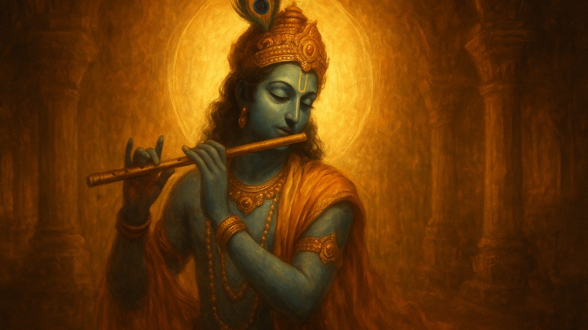 Govindashtakam banner — devotional illustration of Lord Krishna, blue-skinned, playing his flute, a peacock feather in his crown.