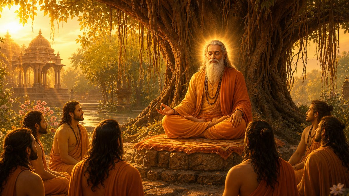 Guru Stotram banner — devotional illustration of a serene sadguru seated beneath a great banyan tree in padmasana, one hand in chinmudra, disciples listening in golden dawn light.
