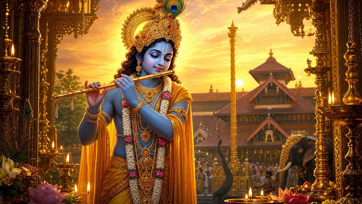 Guruvayurappan Suprabhatam banner — devotional illustration of Lord Krishna, blue-skinned, playing his flute, a peacock feather in his crown.