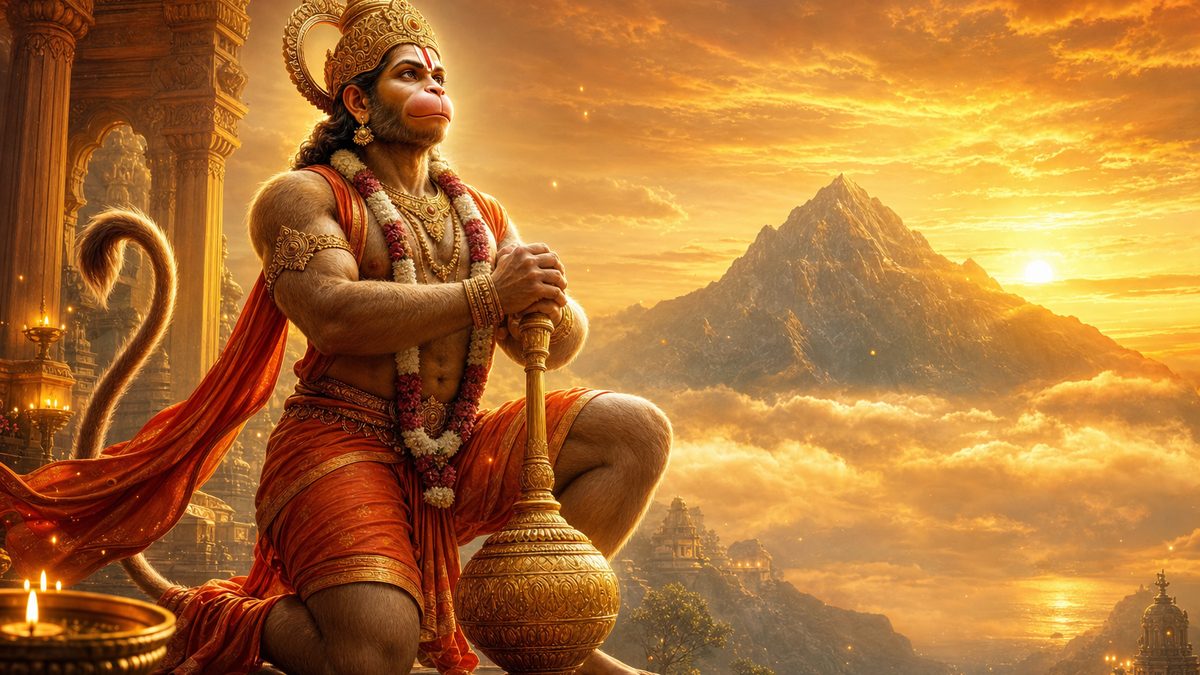 Hanumad Bhujanga Stotram banner — devotional illustration of the devoted Lord Hanuman, strong and reverent, holding his mace, mountain in the distance.