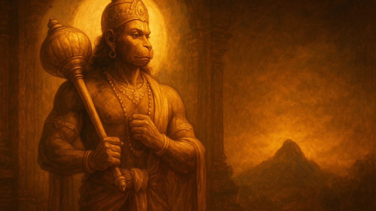 Hanuman Ashtottara Shatanamavali banner — devotional illustration of the devoted Lord Hanuman, strong and reverent, holding his mace, mountain in the distance.