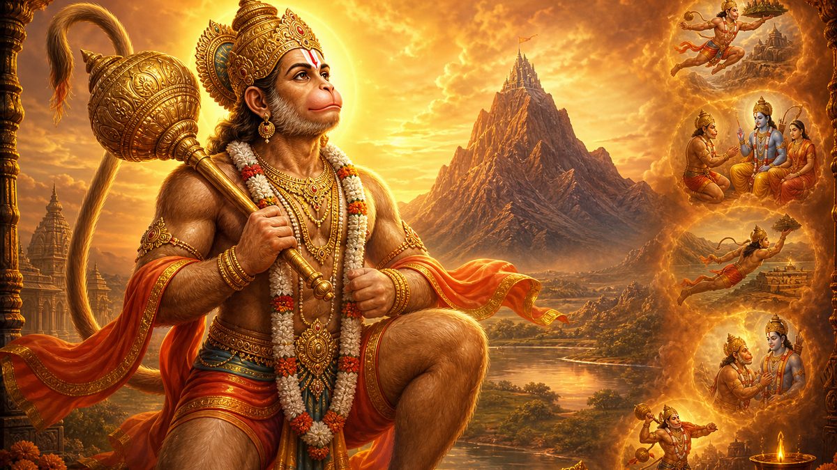 Hanumat Pancharatnam banner — devotional illustration of the devoted Lord Hanuman, strong and reverent, holding his mace, mountain in the distance.