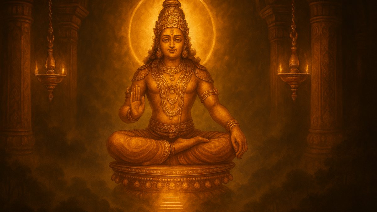 Harivarasanam banner — devotional illustration of Lord Ayyappa (Dharmashasta) seated in yogic chinmudra posture on a jeweled pedestal, a golden bell-adorned band around his knees, the eighteen sacred steps of Sabarimala glowing below him amid misty forested hills.
