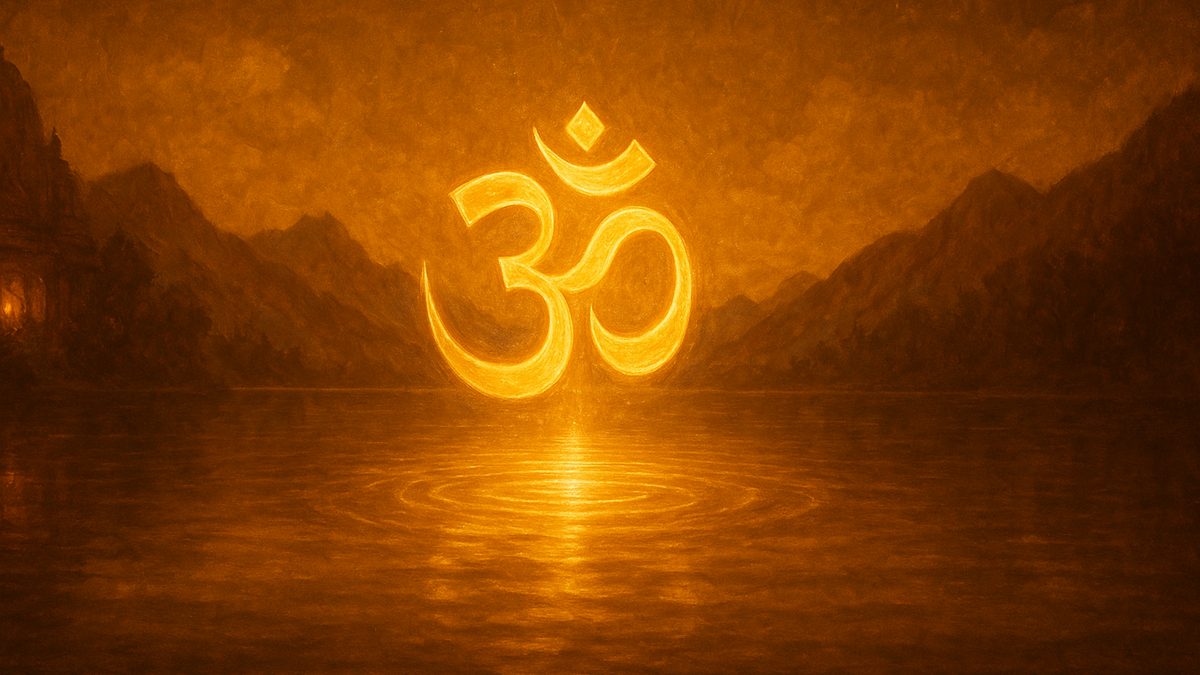 Hiranyagarbha Suktam banner — devotional illustration of the sacred syllable Om (ॐ) as a radiant golden form floating over a serene Himalayan lake at dawn, ripples of light, cosmic and utterly peaceful — abstract, no deity figure.