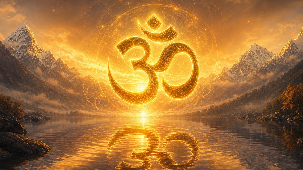 Isha Upanishad banner — devotional illustration of the sacred syllable Om (ॐ) as a radiant golden form floating over a serene Himalayan lake at dawn, ripples of light, cosmic and utterly peaceful — abstract, no deity figure.