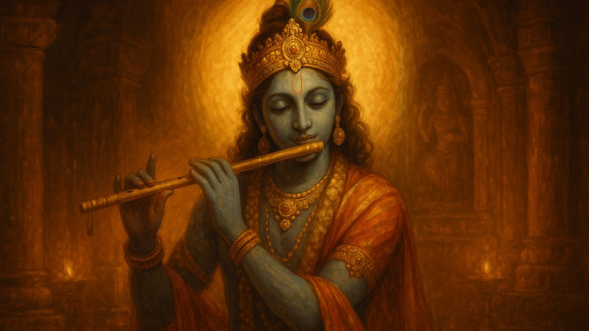 Jagannathashtakam banner — devotional illustration of Lord Krishna, blue-skinned, playing his flute, a peacock feather in his crown.