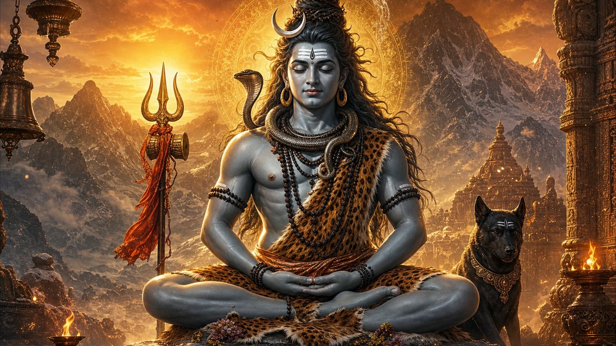 Kala Bhairava Ashtakam banner — devotional illustration of Lord Shiva in deep meditation on a mountain, crescent moon and Ganga in his hair, trident and serpent.