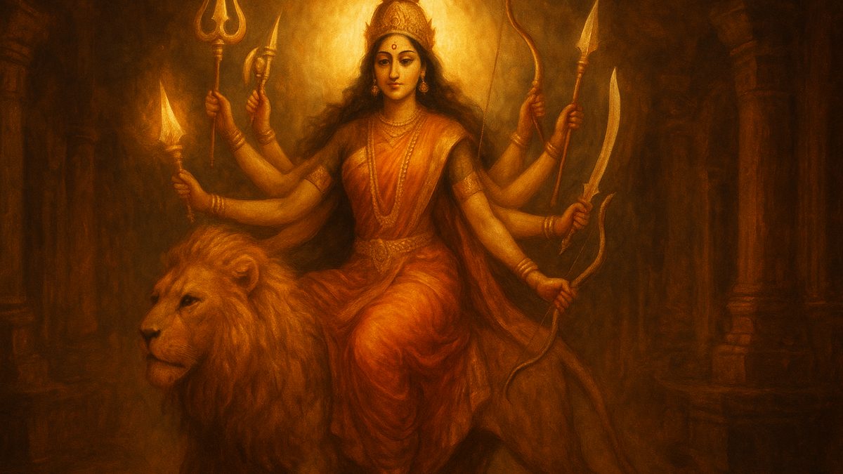 Kalika Ashtakam banner — devotional illustration of the Goddess Durga riding a lion, many arms bearing divine weapons, fierce yet compassionate.