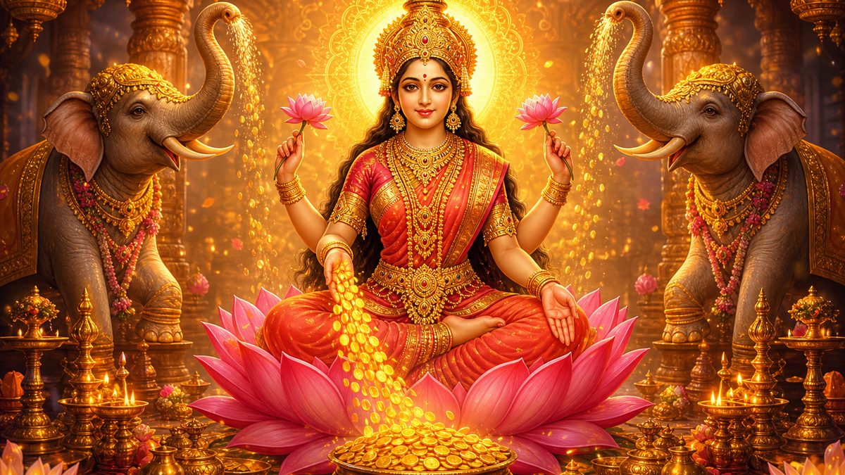 Kanakadhara Stotram banner — devotional illustration of the Goddess Lakshmi seated on a pink lotus, gold coins flowing from her hand, flanked by elephants.