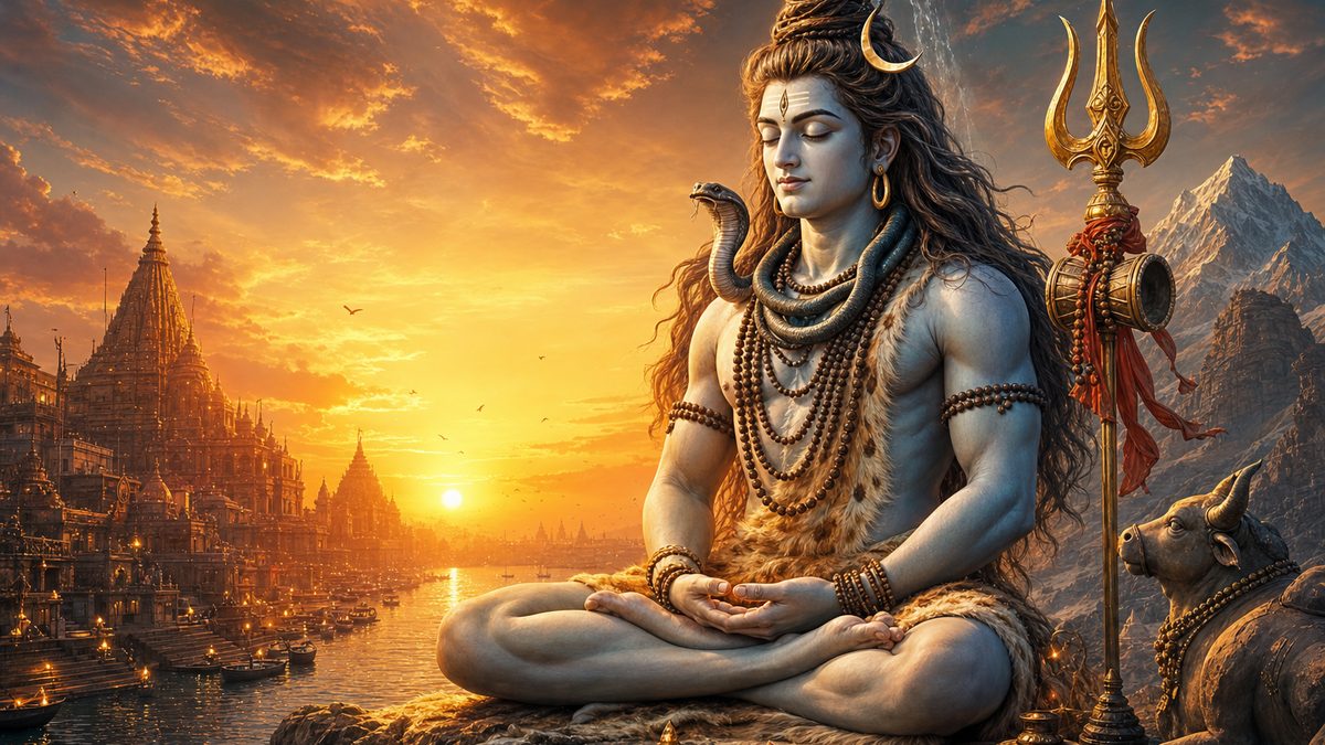 Kashi Vishwanatha Suprabhatam banner — devotional illustration of Lord Shiva in deep meditation on a mountain, crescent moon and Ganga in his hair, trident and serpent.