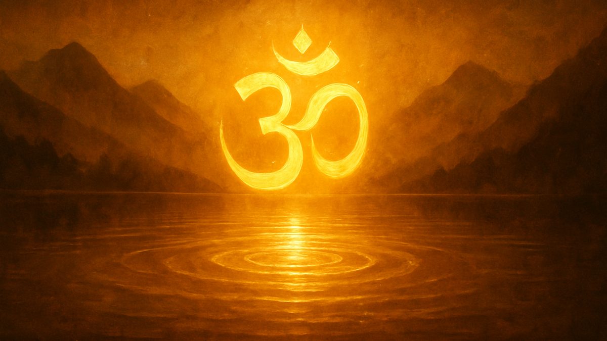 Katha Upanishad banner — devotional illustration of the sacred syllable Om (ॐ) as a radiant golden form floating over a serene Himalayan lake at dawn, ripples of light, cosmic and utterly peaceful — abstract, no deity figure.