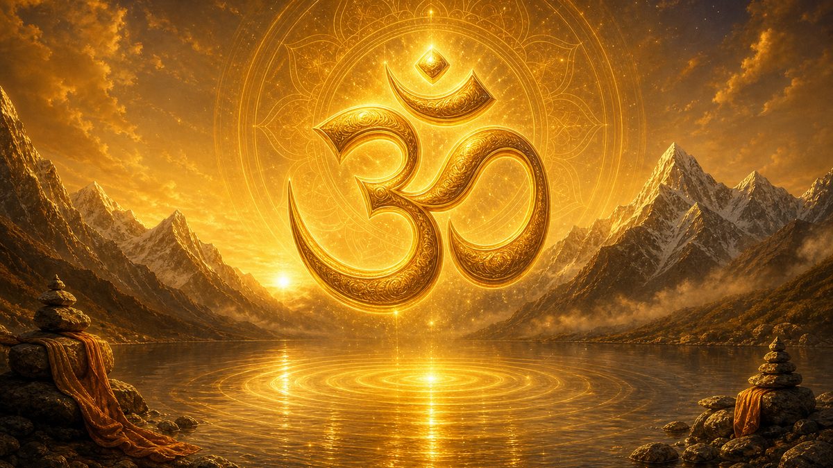 Kaupina Panchakam banner — devotional illustration of the sacred syllable Om (ॐ) as a radiant golden form floating over a serene Himalayan lake at dawn, ripples of light, cosmic and utterly peaceful — abstract, no deity figure.