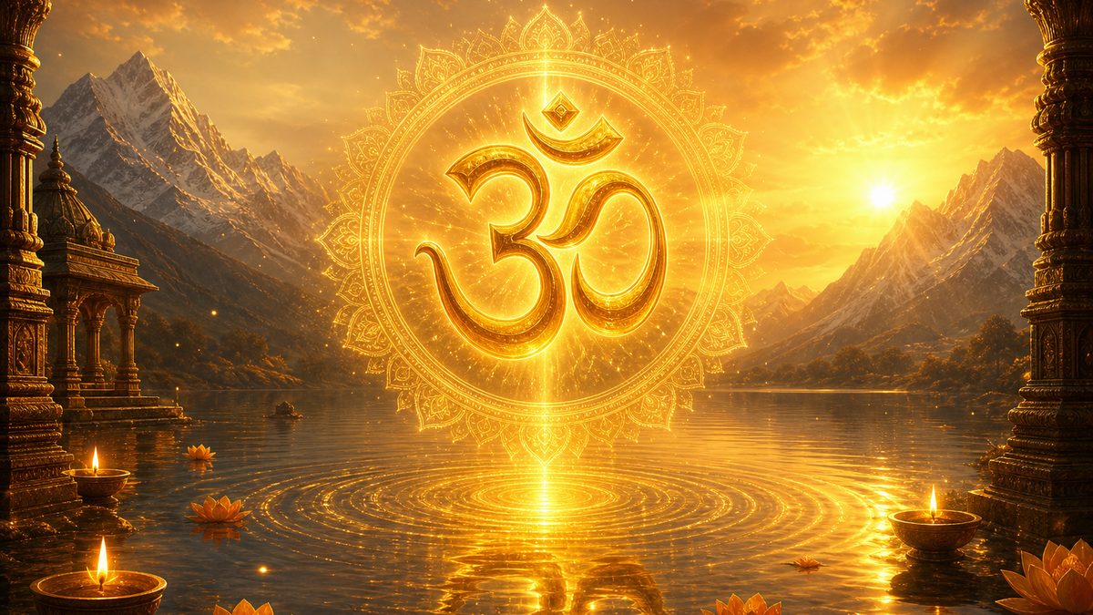 Kena Upanishad banner — devotional illustration of the sacred syllable Om (ॐ) as a radiant golden form floating over a serene Himalayan lake at dawn, ripples of light, cosmic and utterly peaceful — abstract, no deity figure.