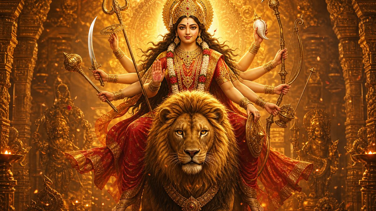 Kilaka Stotram banner — devotional illustration of the Goddess Durga riding a lion, many arms bearing divine weapons, fierce yet compassionate.