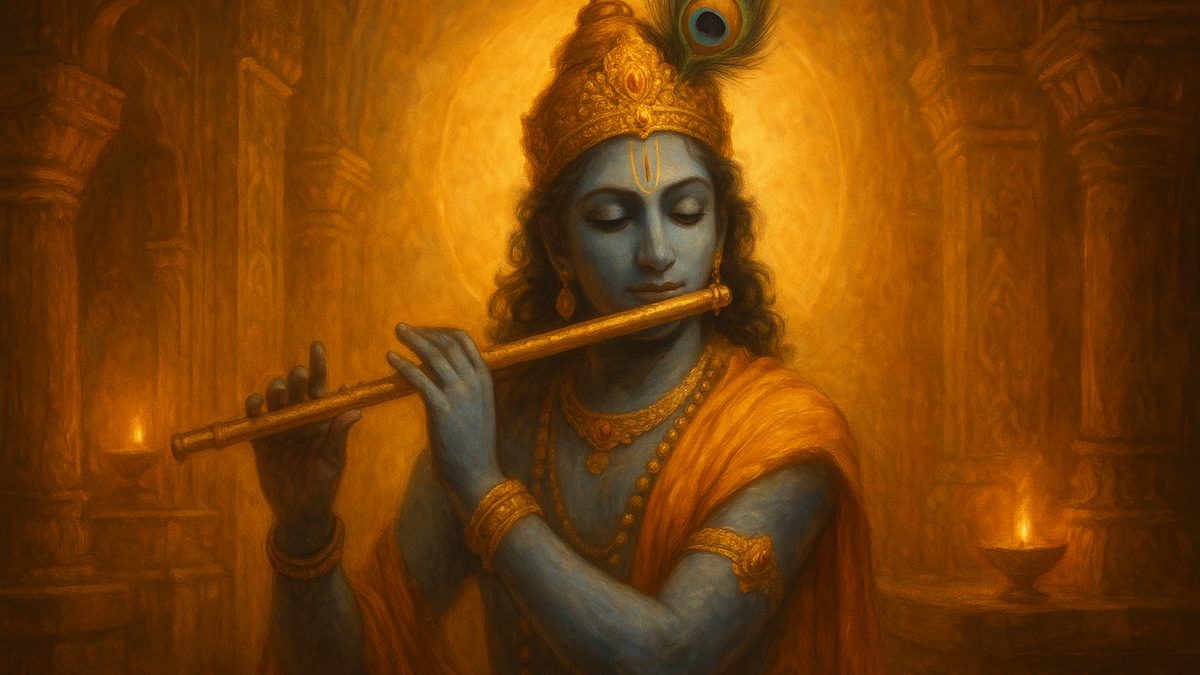 Krishna Ashtottara Shatanamavali banner — devotional illustration of Lord Krishna, blue-skinned, playing his flute, a peacock feather in his crown.
