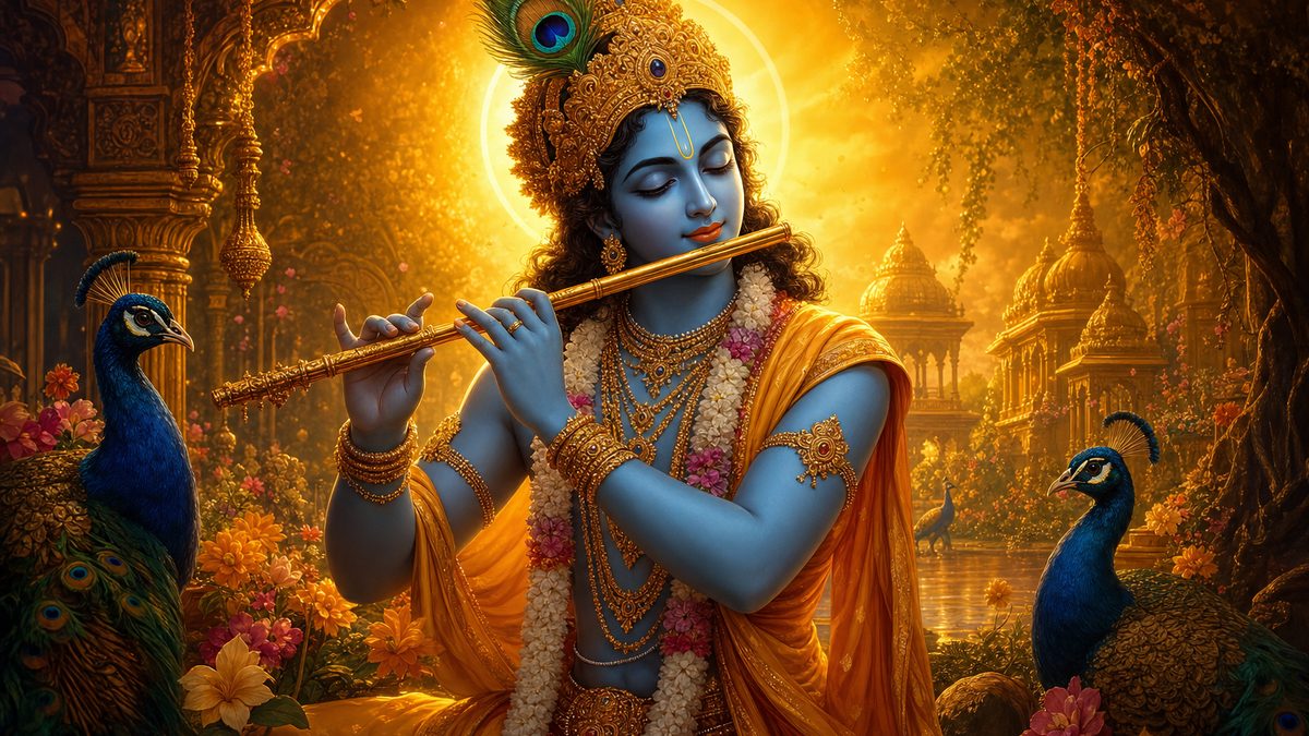 Krishnashtakam banner — devotional illustration of Lord Krishna, blue-skinned, playing his flute, a peacock feather in his crown.