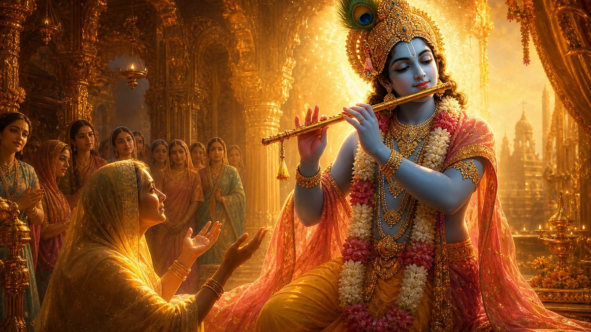 Kunti Stuti banner — devotional illustration of Lord Krishna, blue-skinned, playing his flute, a peacock feather in his crown.