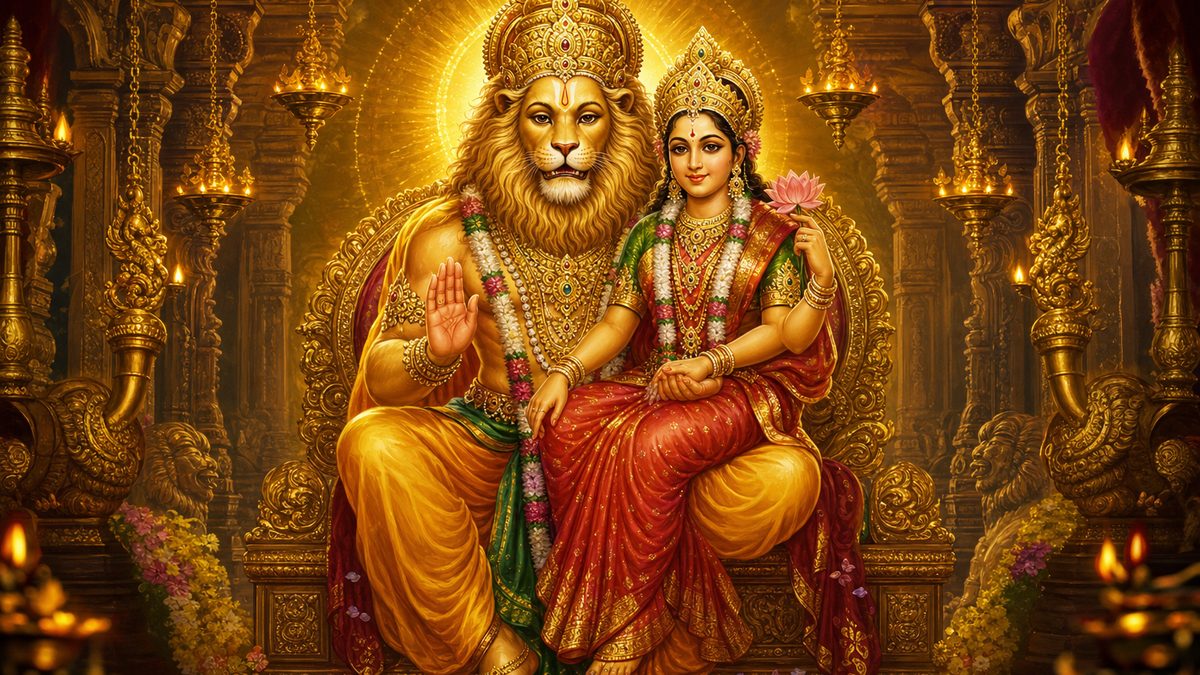 Lakshmi Nrisimha Karavalamba Stotram banner — devotional illustration of Lord Narasimha, the divine lion-headed avatar, radiant and powerful yet benevolent.