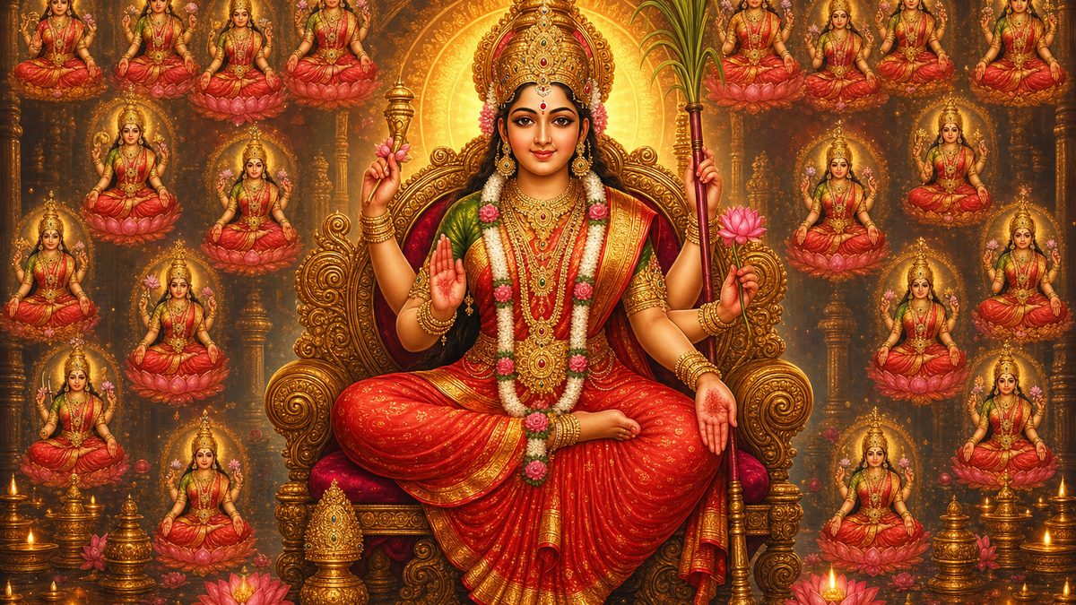 Lalita Ashtottara Shatanamavali banner — devotional illustration of the resplendent Goddess Lalita Tripurasundari seated on a jeweled throne, luminous crimson and gold.