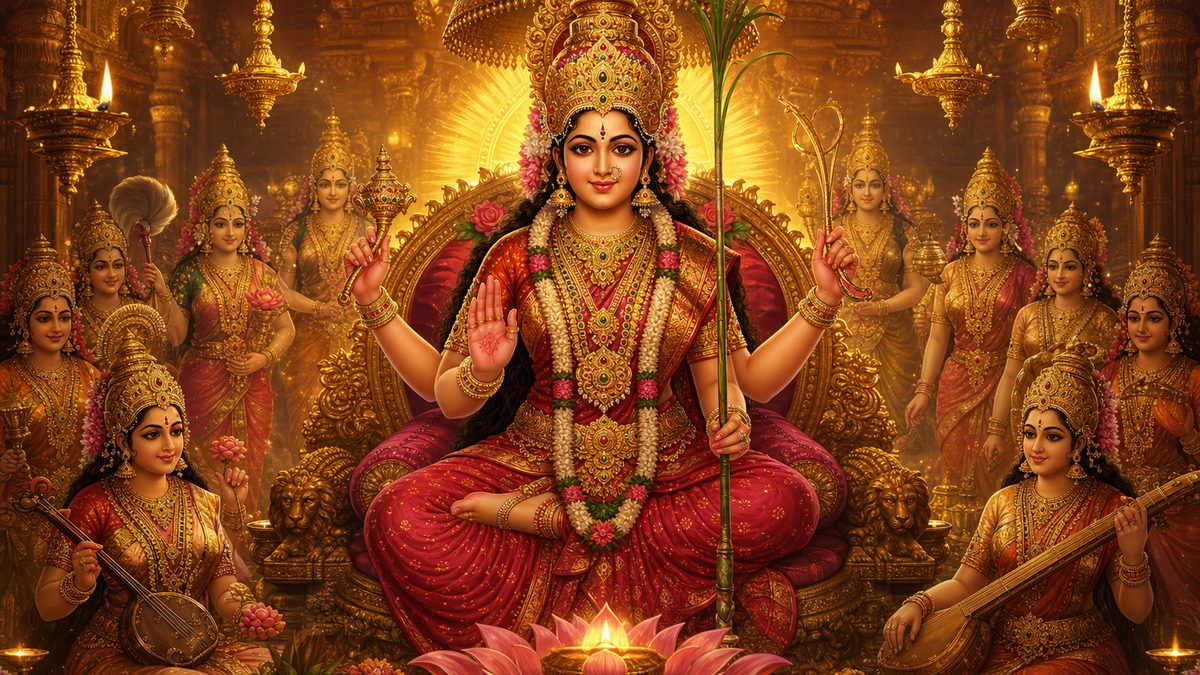 Lalita Sahasranama banner — devotional illustration of the resplendent Goddess Lalita Tripurasundari seated on a jeweled throne, luminous crimson and gold.
