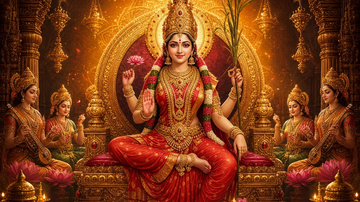 Lalita Trishati banner — devotional illustration of the resplendent Goddess Lalita Tripurasundari seated on a jeweled throne, luminous crimson and gold.