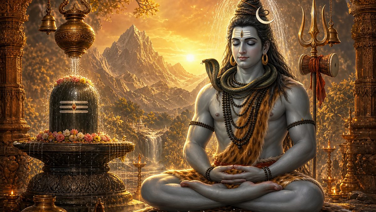 Lingashtakam banner — devotional illustration of Lord Shiva in deep meditation on a mountain, crescent moon and Ganga in his hair, trident and serpent.