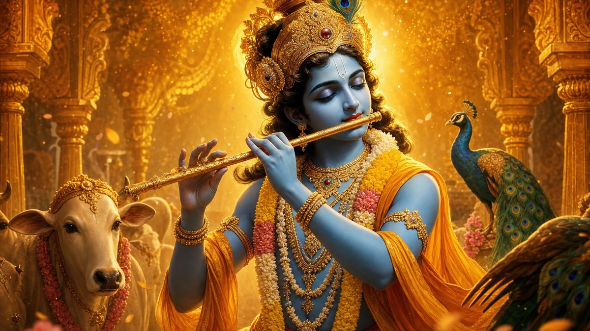 Madhurashtakam banner — devotional illustration of Lord Krishna, blue-skinned, playing his flute, a peacock feather in his crown.