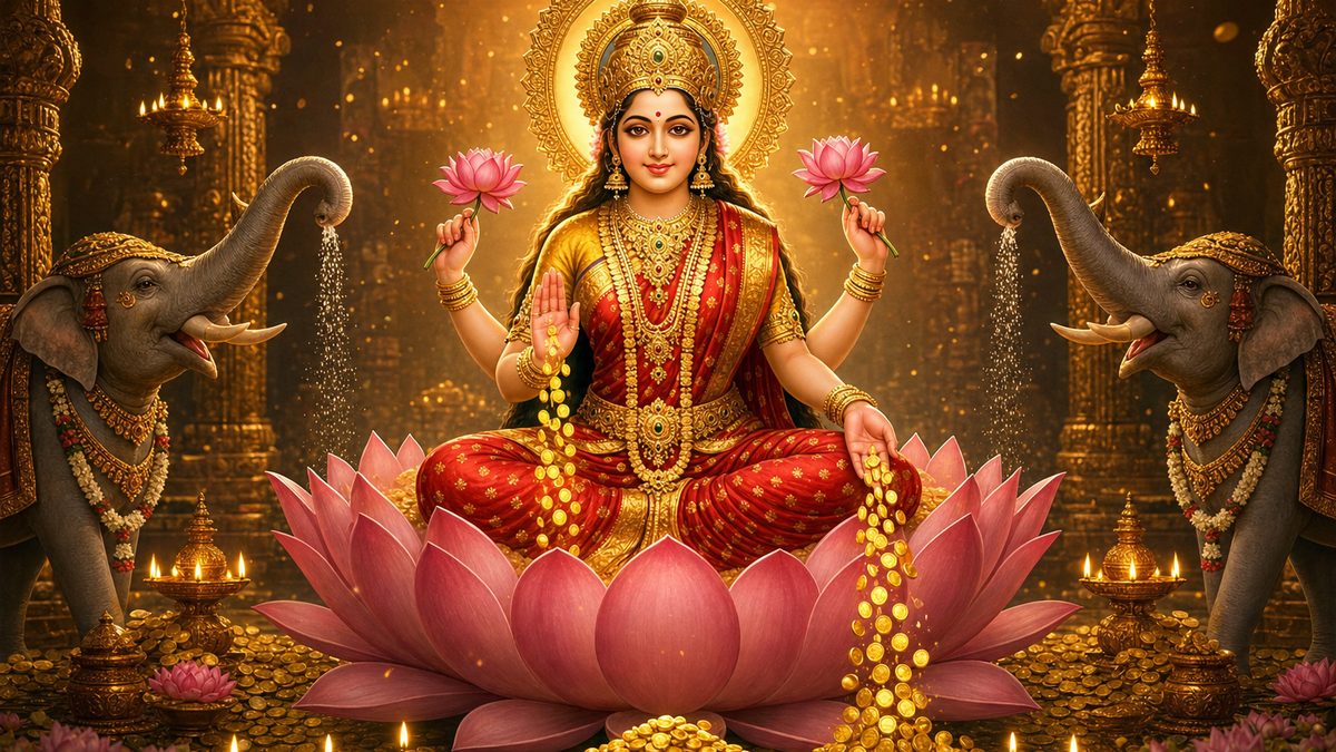 Mahalakshmi Ashtakam banner — devotional illustration of the Goddess Lakshmi seated on a pink lotus, gold coins flowing from her hand, flanked by elephants.