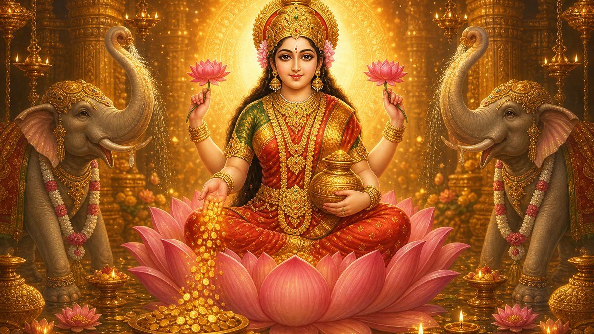 Mahalakshmi Ashtottara Shatanamavali banner — devotional illustration of the Goddess Lakshmi seated on a pink lotus, gold coins flowing from her hand, flanked by elephants.