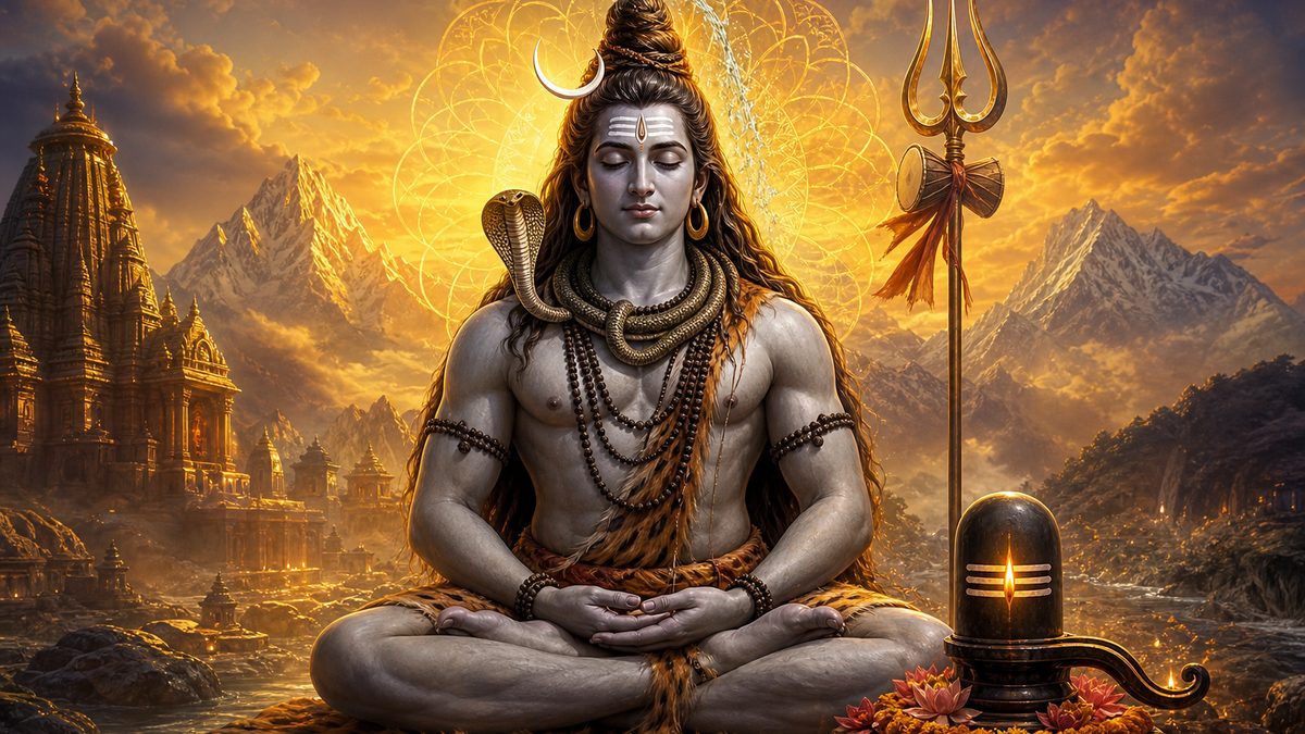 Mahamrityunjaya Mantra banner — devotional illustration of Lord Shiva in deep meditation on a mountain, crescent moon and Ganga in his hair, trident and serpent.