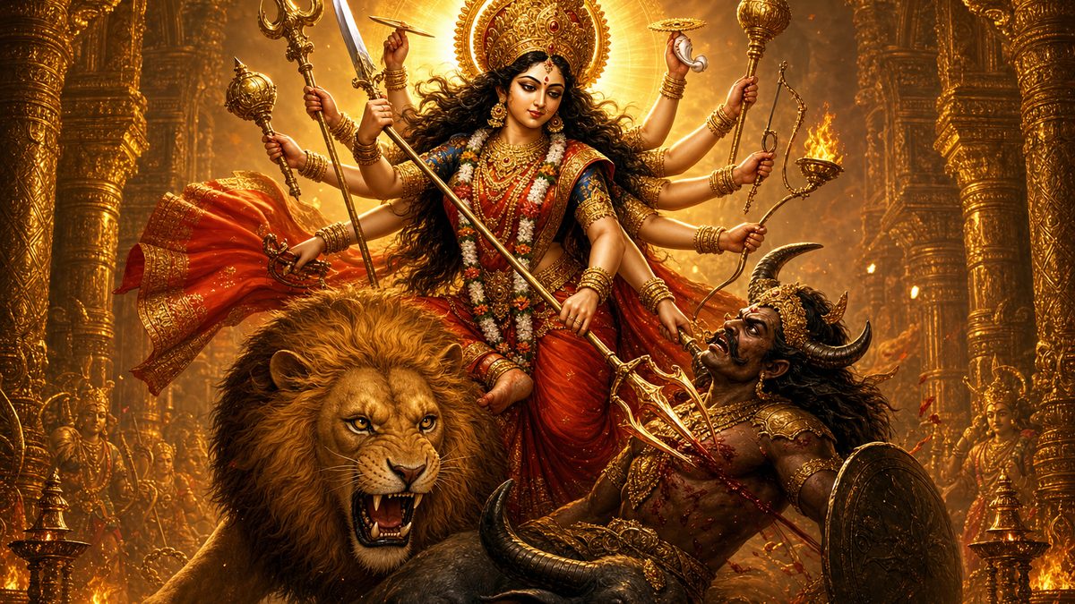 Mahishasura Mardini Stotram banner — devotional illustration of the Goddess Durga riding a lion, many arms bearing divine weapons, fierce yet compassionate.