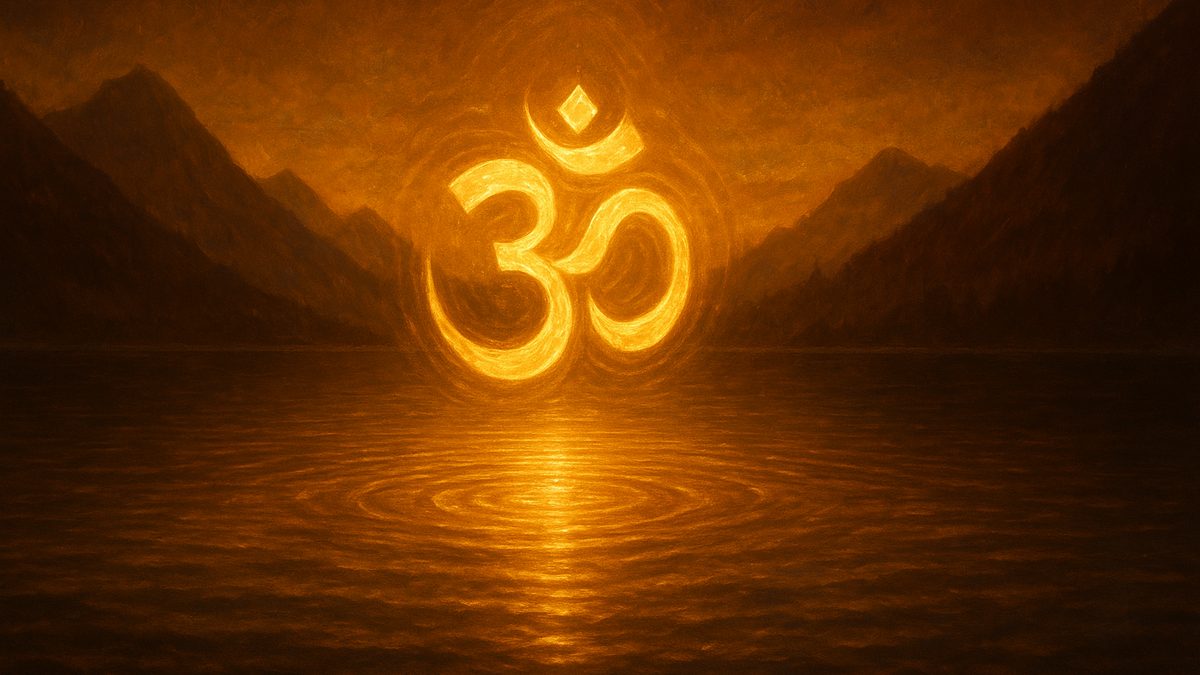 Mandukya Upanishad banner — devotional illustration of the sacred syllable Om (ॐ) as a radiant golden form floating over a serene Himalayan lake at dawn, ripples of light, cosmic and utterly peaceful — abstract, no deity figure.